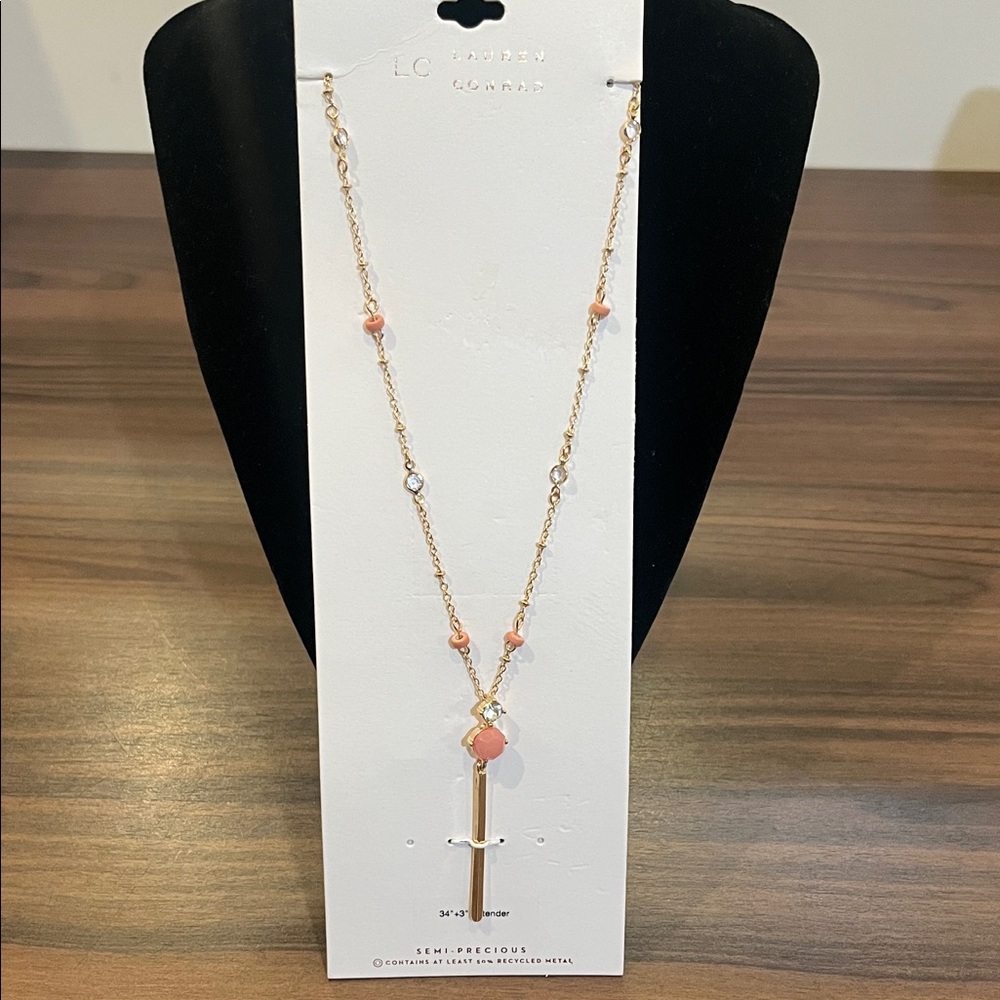 Lauren Conrad necklace with a bar drop, crystal and rose quartz accent    NWT